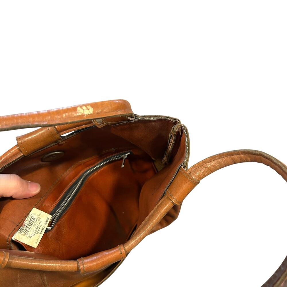 Vintage 80s Cognac Leather Hobo Shoulder Bag Whipstitch Heart Embroidery - Picture 10 of 16